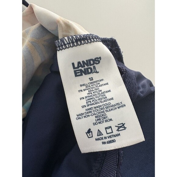 Lands End Swim Top Size 12 Blue Brown Floral Blouson Tummy Hiding Ruched Tankini - Picture 4 of 11